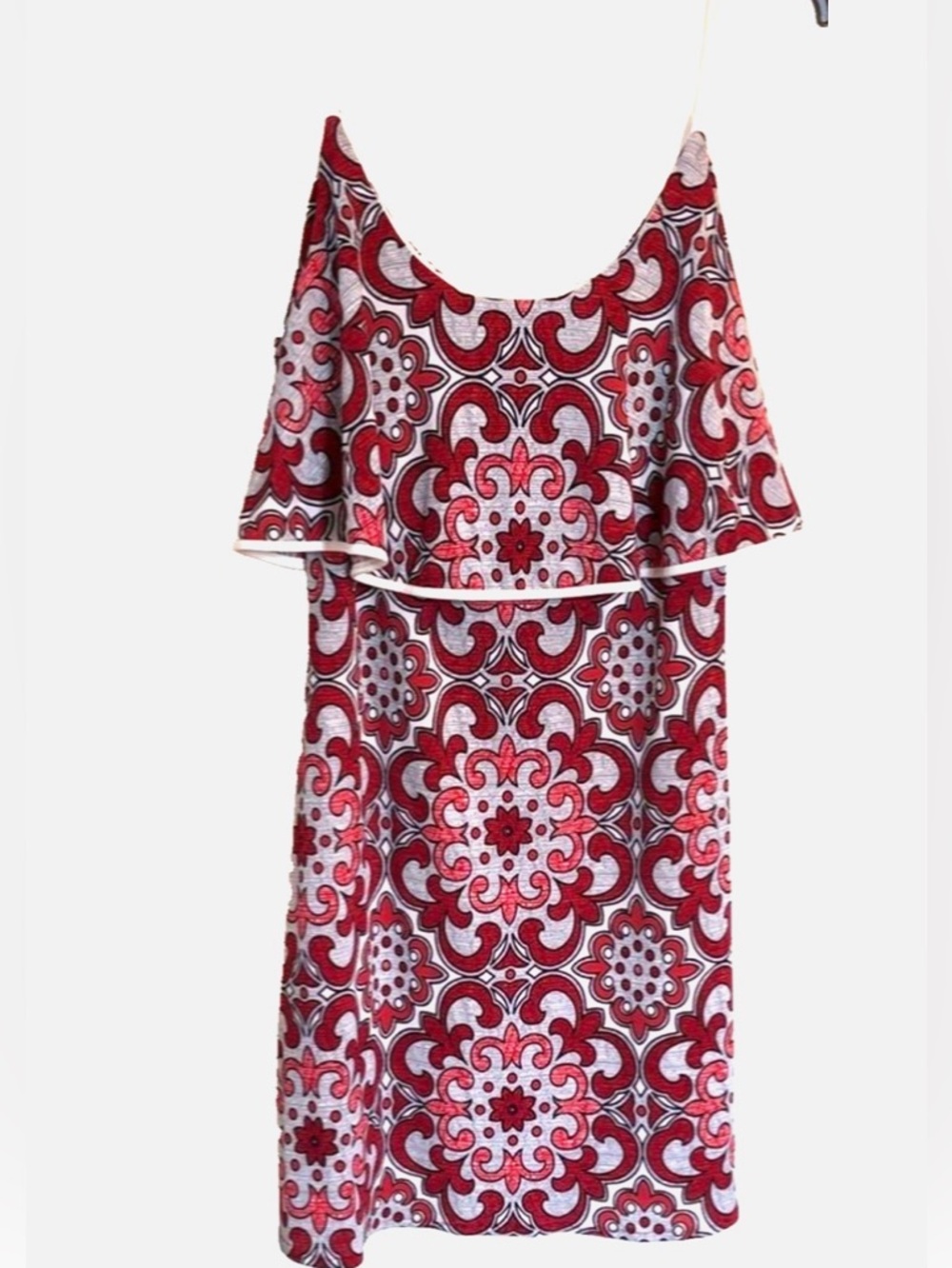 Red White Boho Mini Dress Womens Medium Spaghetti Strap Summer Beach Vacation
